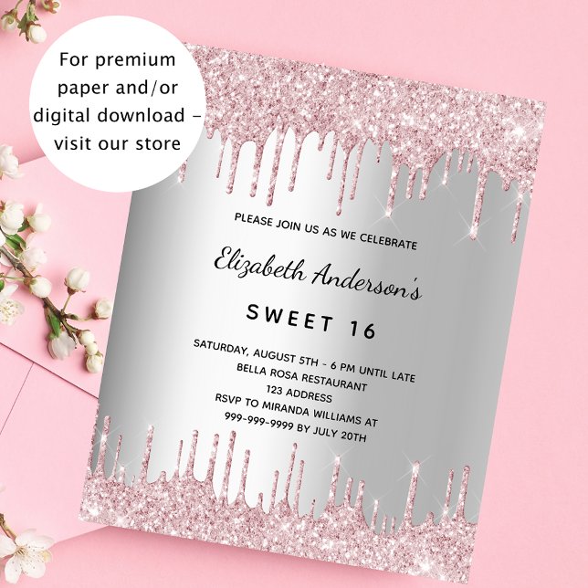 Birthday silver pink glitter budget invitation (Creator Uploaded)