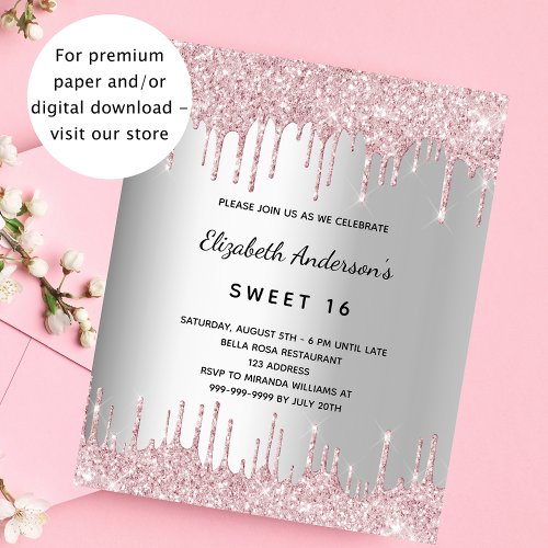 Birthday silver pink glitter budget invitation flyer
