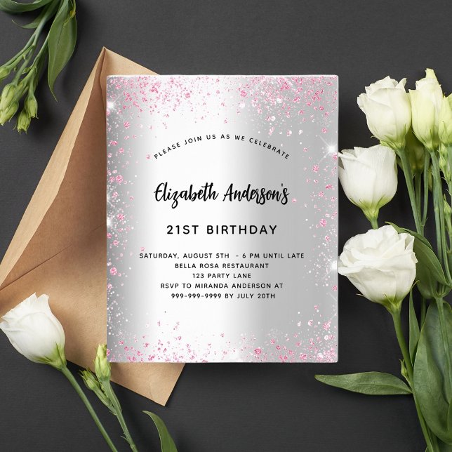 Birthday silver pink glitter budget invitation flyer (Creator Uploaded)