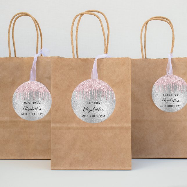 Birthday silver pink glitter drips name  classic round sticker (Creator Uploaded)