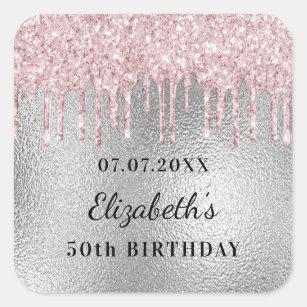 Birthday silver pink glitter drips name  square sticker