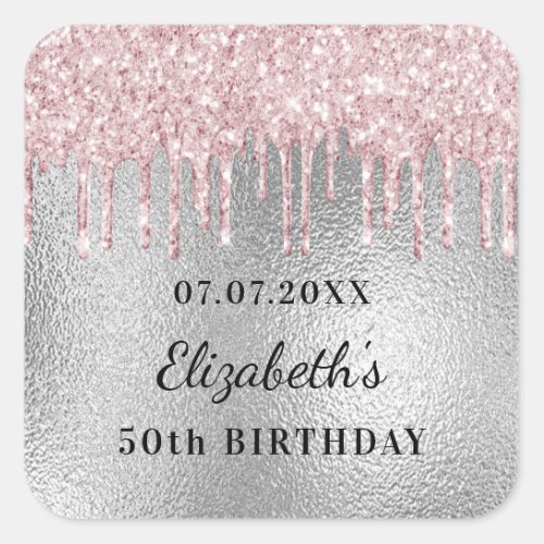 Birthday silver pink glitter drips name  square sticker
