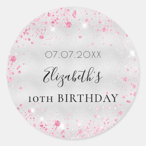 Birthday silver pink glitter dust girl name date  classic round sticker