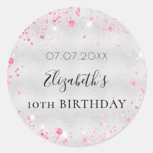 Birthday silver pink glitter dust girl name date classic round sticker