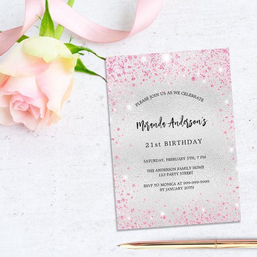 Birthday silver pink glitter elegant modern invitation postcard
