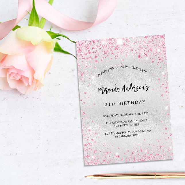 Birthday silver pink glitter elegant modern invitation postcard (Creator Uploaded)