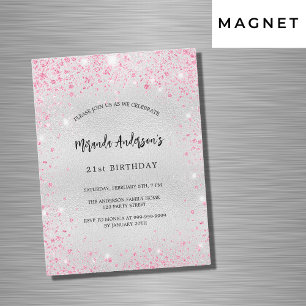 Birthday silver pink glitter luxury magnetic invitation