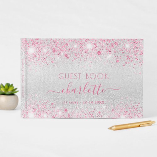 Birthday silver pink glitter name guest book