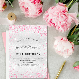 Birthday silver pink glitter sparkle glamorous invitation