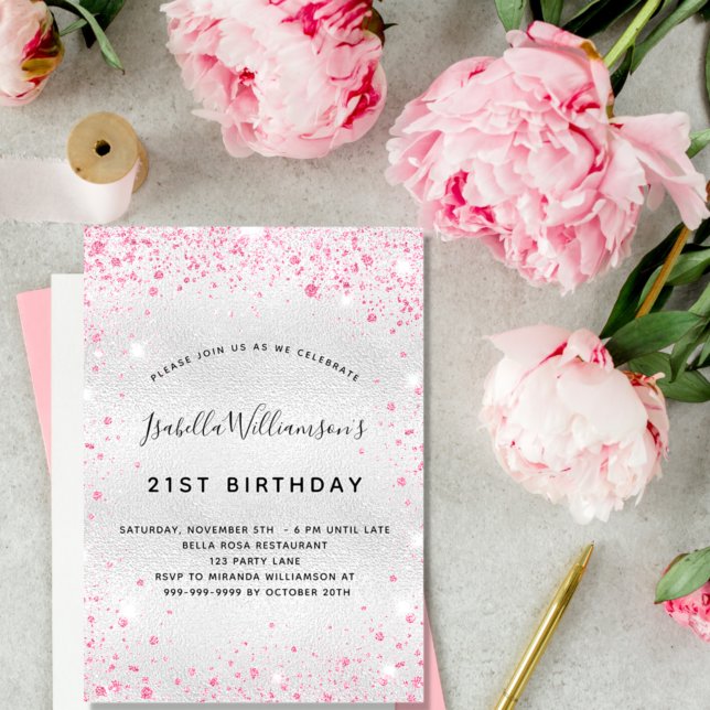 Birthday silver pink glitter sparkle glamorous invitation (Creator Uploaded)