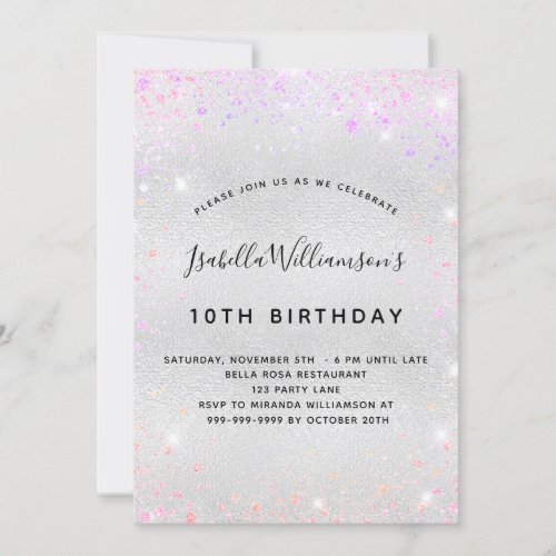 Birthday silver pink purple glitter dust girl invitation