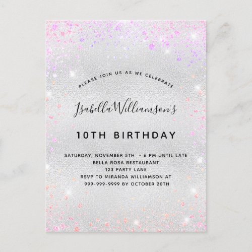 Birthday silver pink purple glitter dust girl invitation postcard