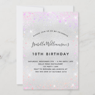 Birthday silver pink purple glitter invitation