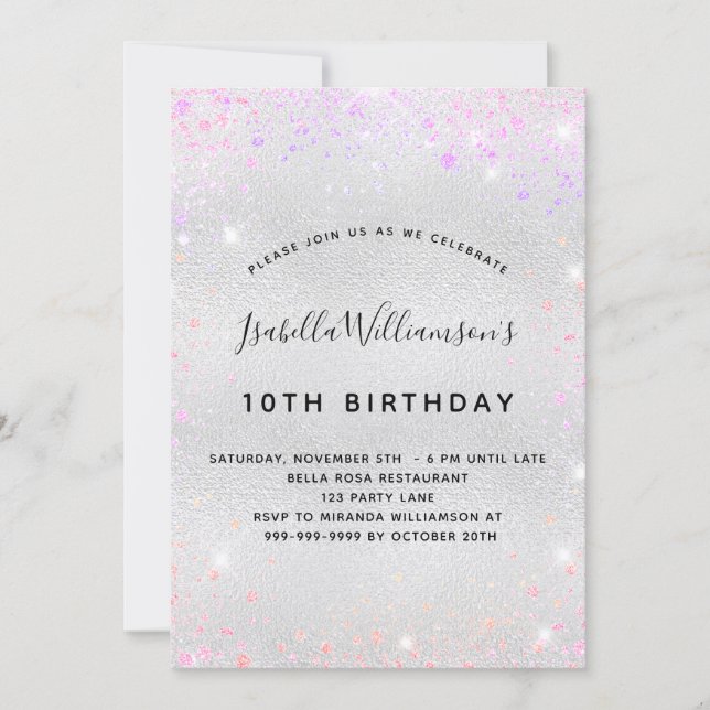Birthday silver pink purple glitter invitation (Front)