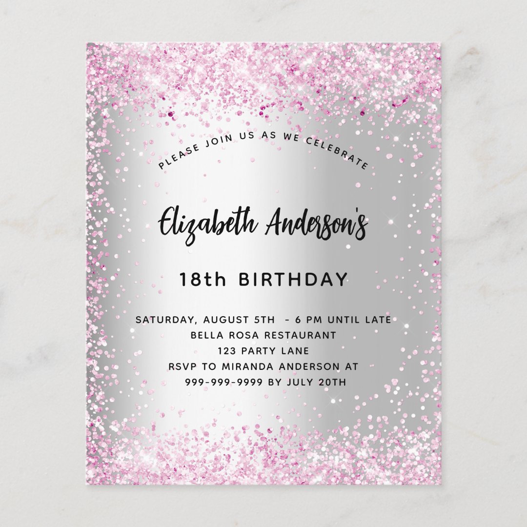 Birthday silver pink sparkle budget invitation | Zazzle