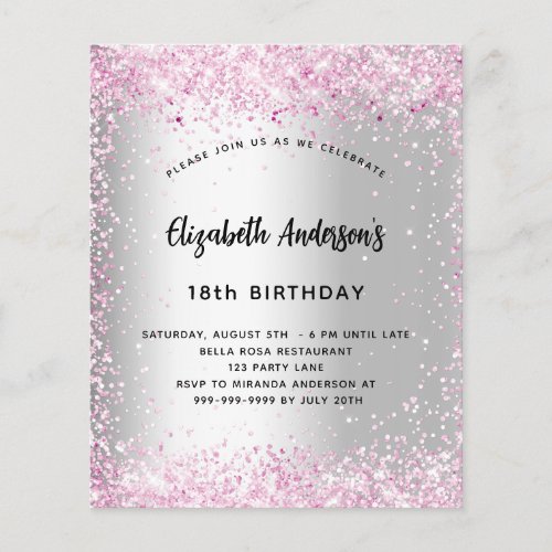 Birthday silver pink sparkle budget invitation