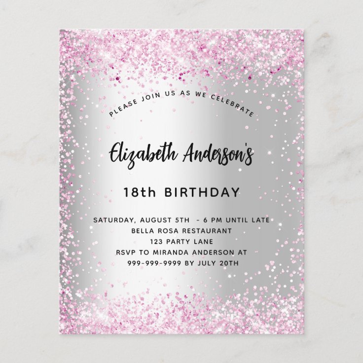 Birthday silver pink sparkle budget invitation | Zazzle