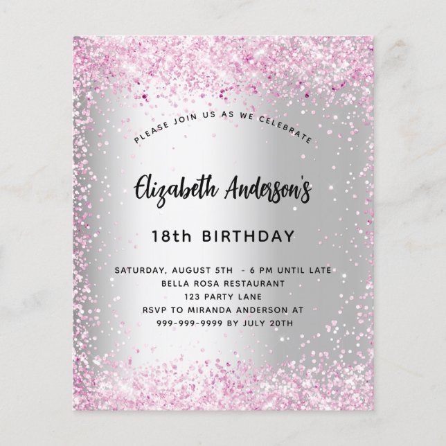 Birthday silver pink sparkle budget invitation flyer (Front)