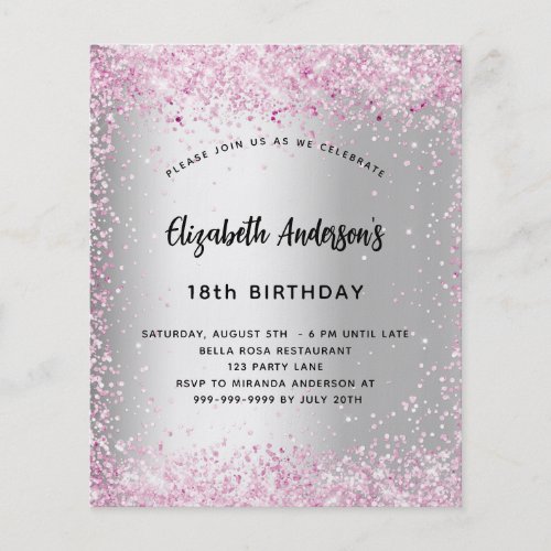Birthday silver pink sparkle budget invitation flyer
