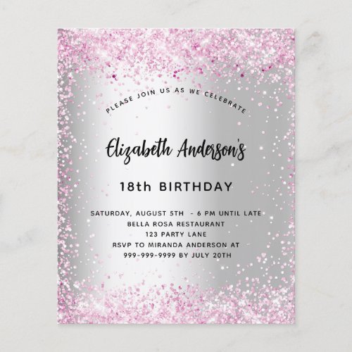 Birthday silver pink sparkle budget invitation flyer