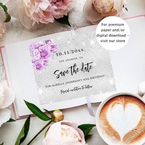 Birthday silver pink violet budget Save the Date