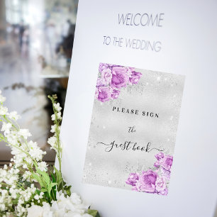 Birthday silver pink violet floral guest book sign
