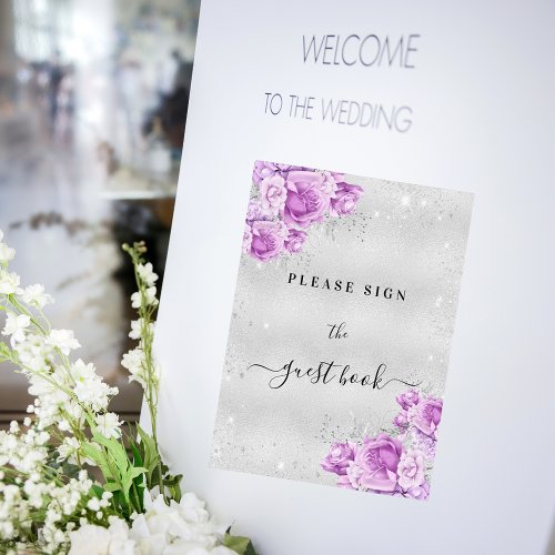 Birthday silver pink violet floral guest book sign