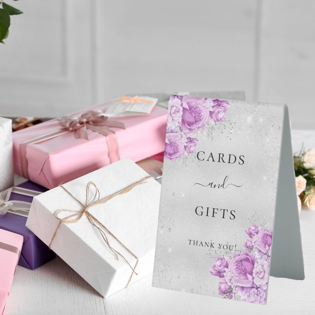 Birthday silver pink violet flowers cards gifts table tent (Creator Uploaded)