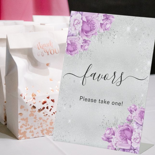 Birthday silver pink violet flowers favors pedestal sign (Creator Uploaded)