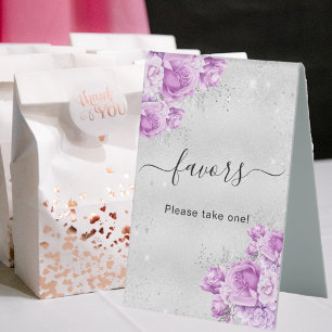 Birthday silver pink violet flowers favors table tent