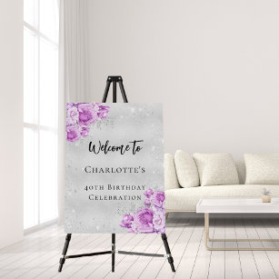 Birthday silver pink violet flowers welcome party foam board