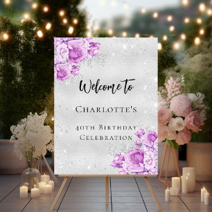Birthday silver pink violet flowers welcome party foam board