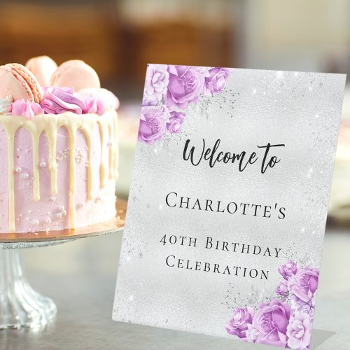 Birthday silver pink violet flowers welcome party pedestal sign