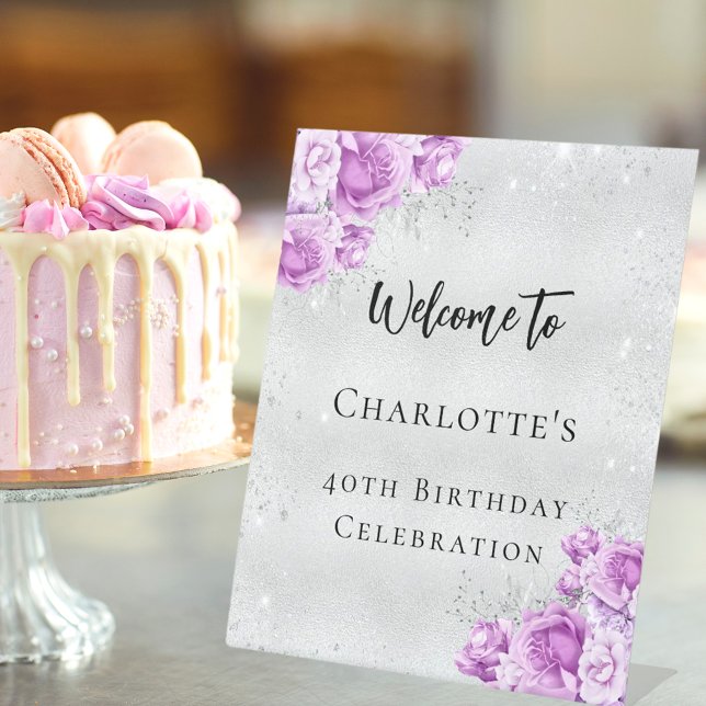 Birthday silver pink violet flowers welcome party pedestal sign (Creator Uploaded)