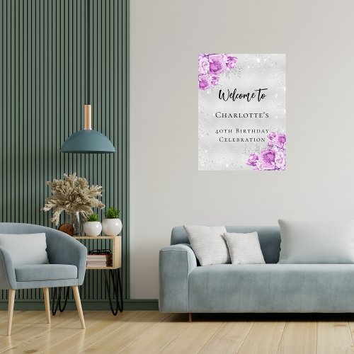 Birthday silver pink violet flowers welcome party poster