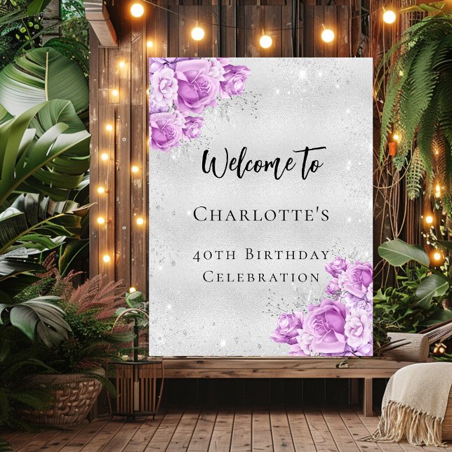 Birthday silver pink violet flowers welcome party poster (Creator Uploaded)