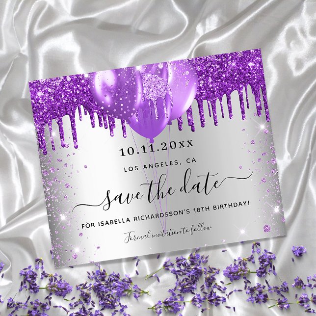Birthday silver purple budget save the date flyer (Creator Uploaded)