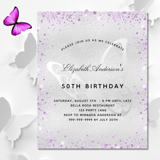 Birthday silver purple butterfly budget invitation flyer