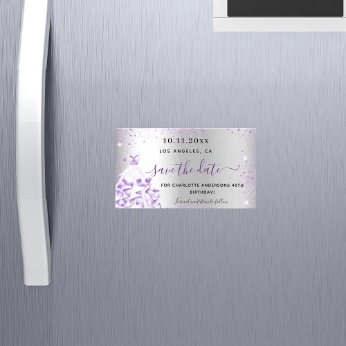 Birthday silver purple dress save the date magnet