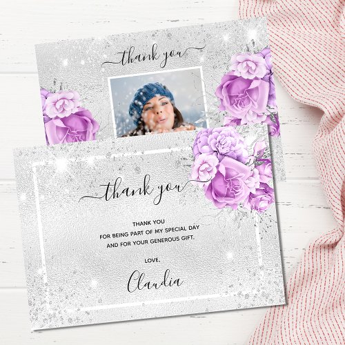 Birthday silver purple floral photo sparkles invitation