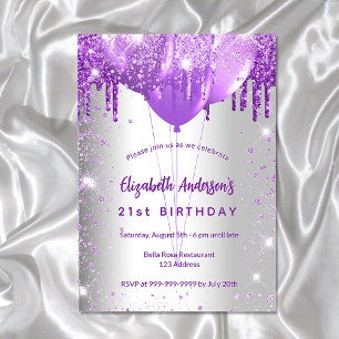 Birthday silver purple glitter balloons glamorous invitation postcard