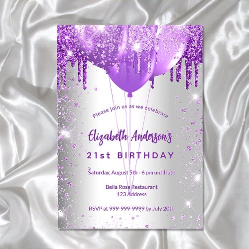 Birthday silver purple glitter balloons glamorous invitation postcard