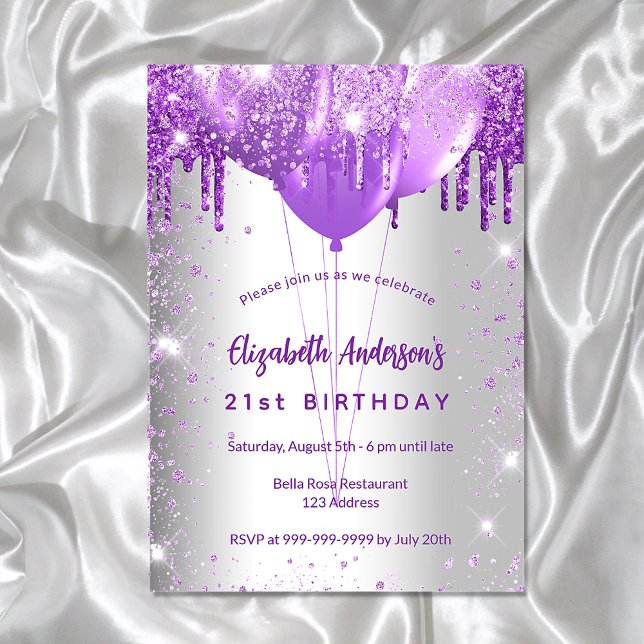 Birthday silver purple glitter balloons glamorous invitation postcard (Creator Uploaded)