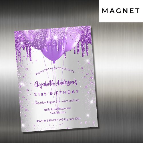Birthday silver purple glitter balloons luxury magnetic invitation