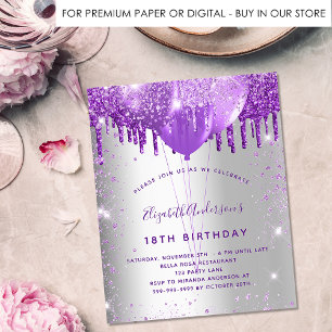 Birthday silver purple glitter budget invitation