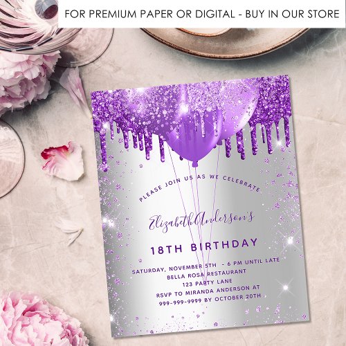 Birthday silver purple glitter budget invitation