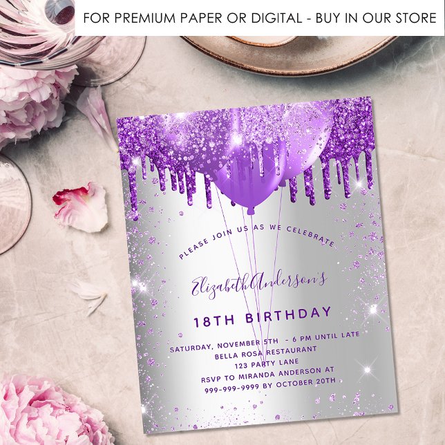 Birthday silver purple glitter budget invitation (Creator Uploaded)