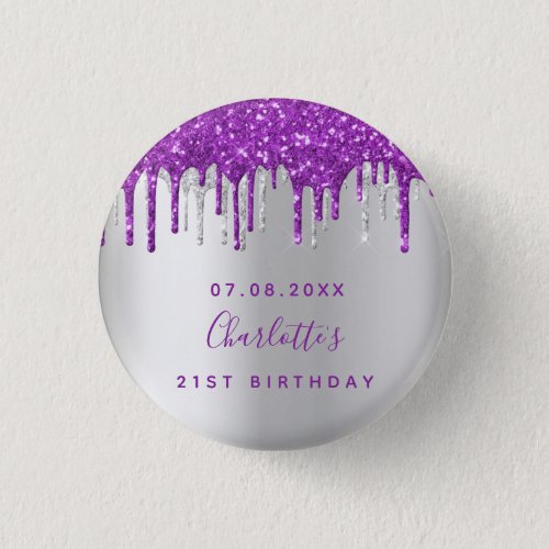 Birthday silver purple glitter custom monogram button