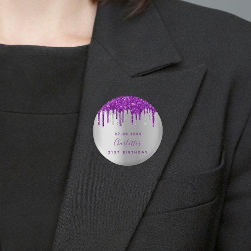 Birthday silver purple glitter custom monogram button