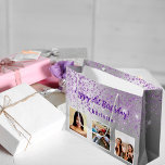 Birthday silver purple glitter custom photo name large gift bag<br><div class="desc">For a girly and glamorous 21st (or any age) birthday.  A faux silver metallic looking background with purple faux glitter drops. Personalize and add 3 photos ,  age 21 and a name. Purple text.</div>